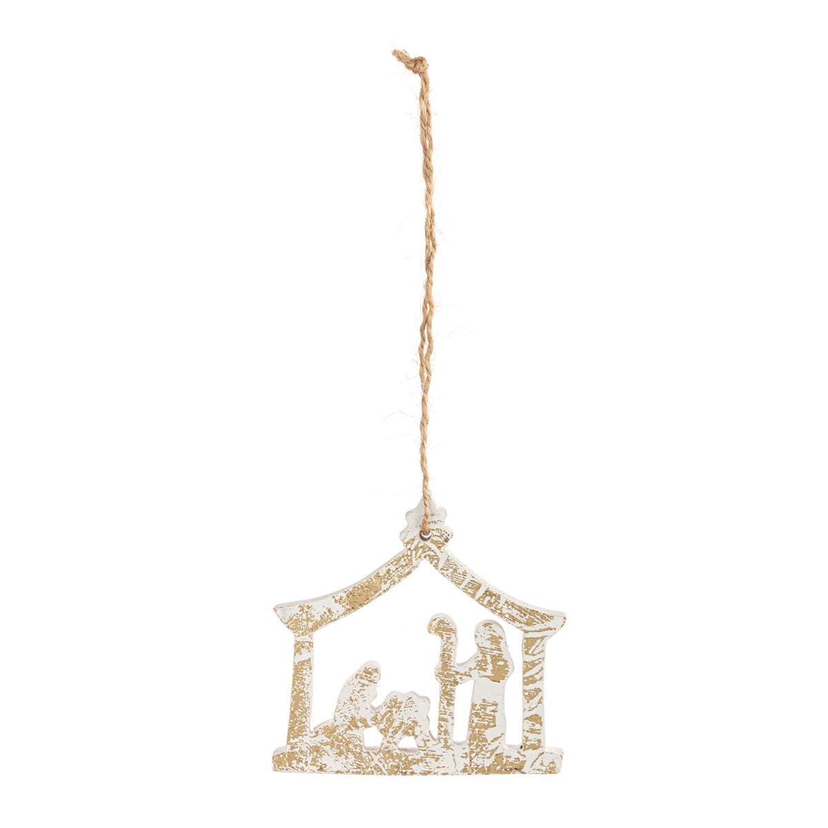 Nativity Scene Gold and White Wood Ornament