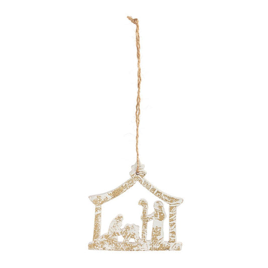 Nativity Scene Gold and White Wood Ornament