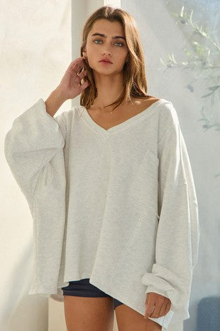 Ash Grey Oversized V-Neck Top