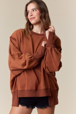 Chocolate Oversized Sweatshirt With Slitted Cuff Detail