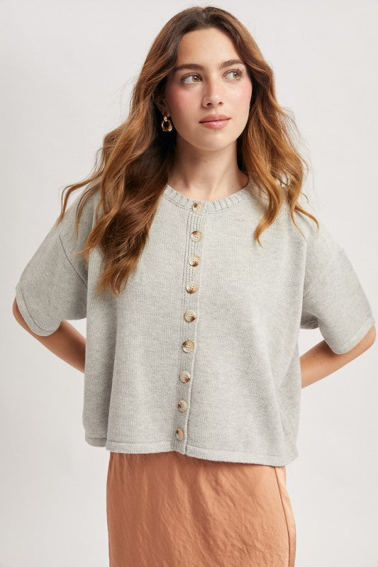 Grey Button-up Sweater Knit Top
