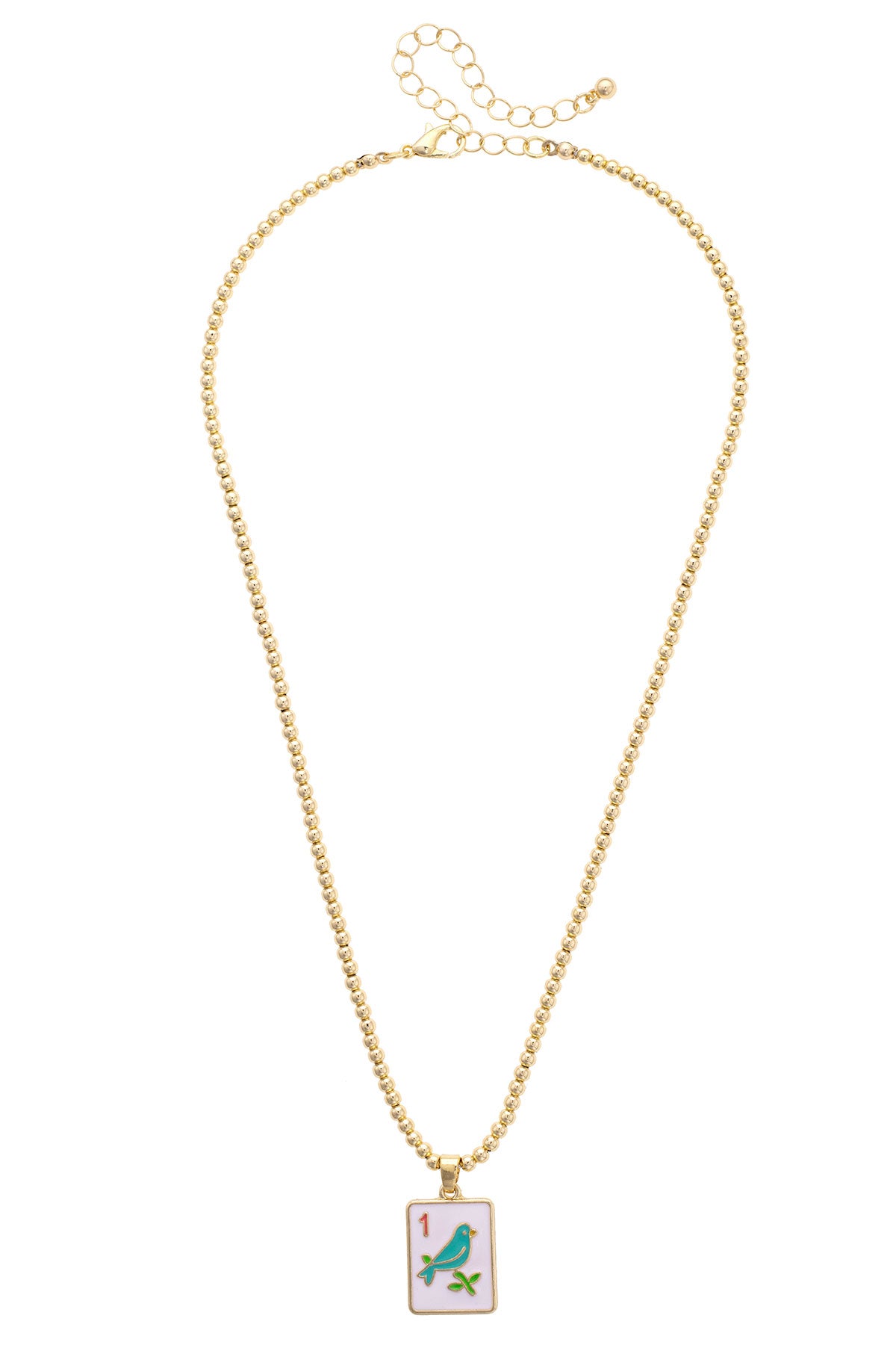 Sparrow Mahjong Tile Ball Bead Necklace in White