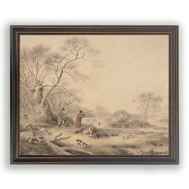 Framed Vintage Hunting Scene Drawing