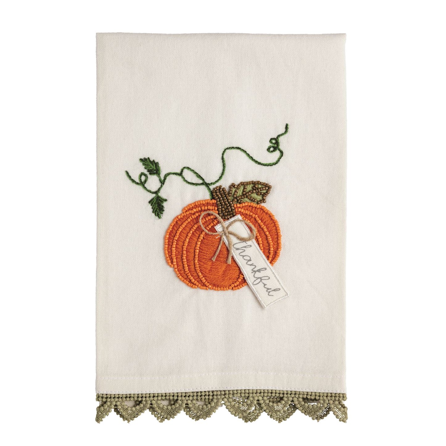 Beaded Pumpkin Embroidered Tea Towel