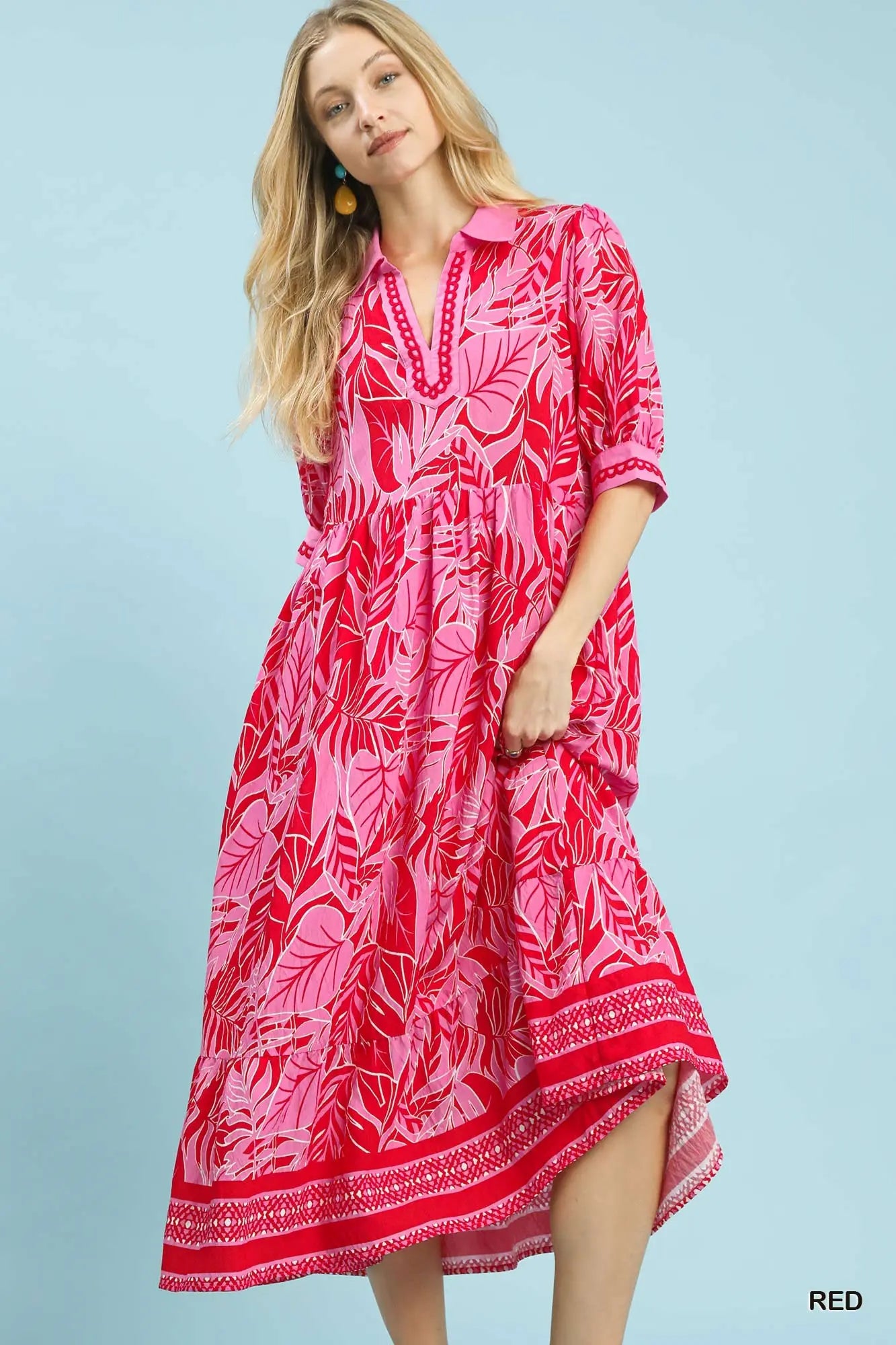 Leafy Border Print V-Neck Midi Dress