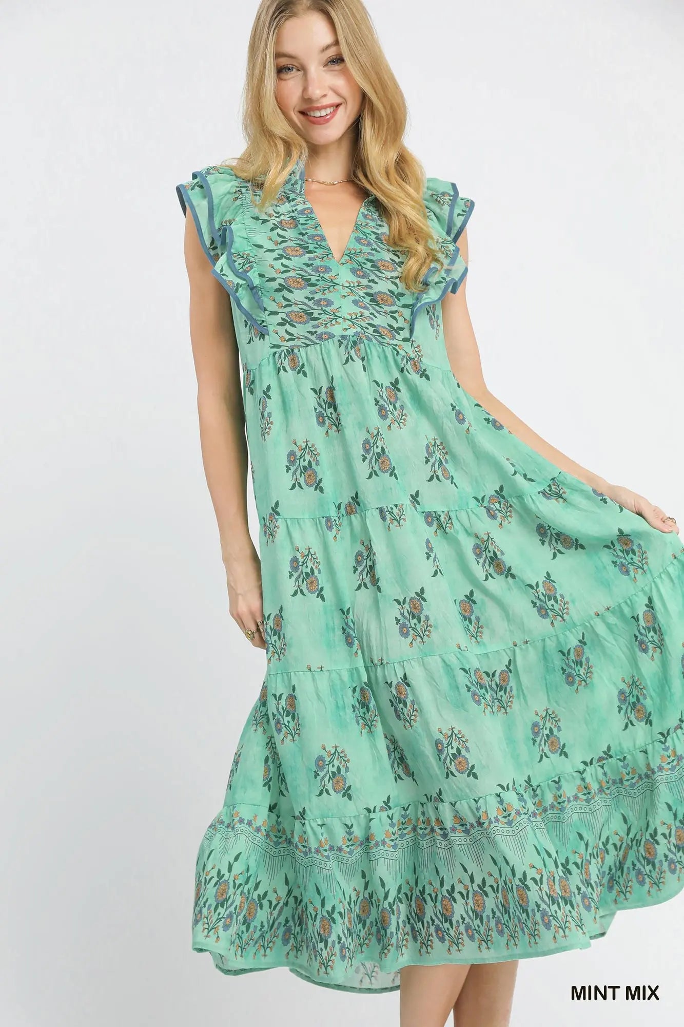 Floral Tiered Midi Dress with Ruffle Sleeves