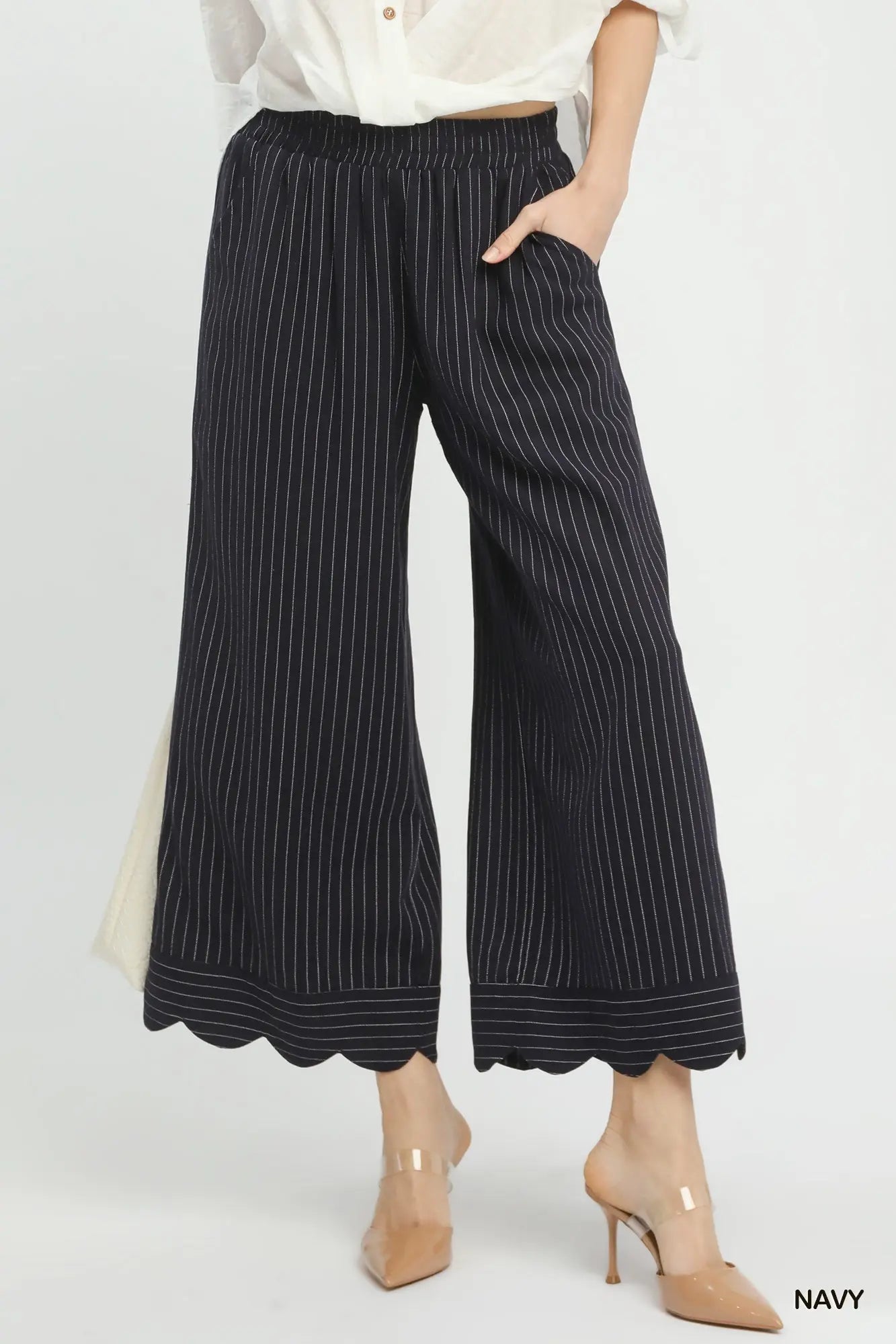 Pinstripe Scallop Hem Wide Leg Pants