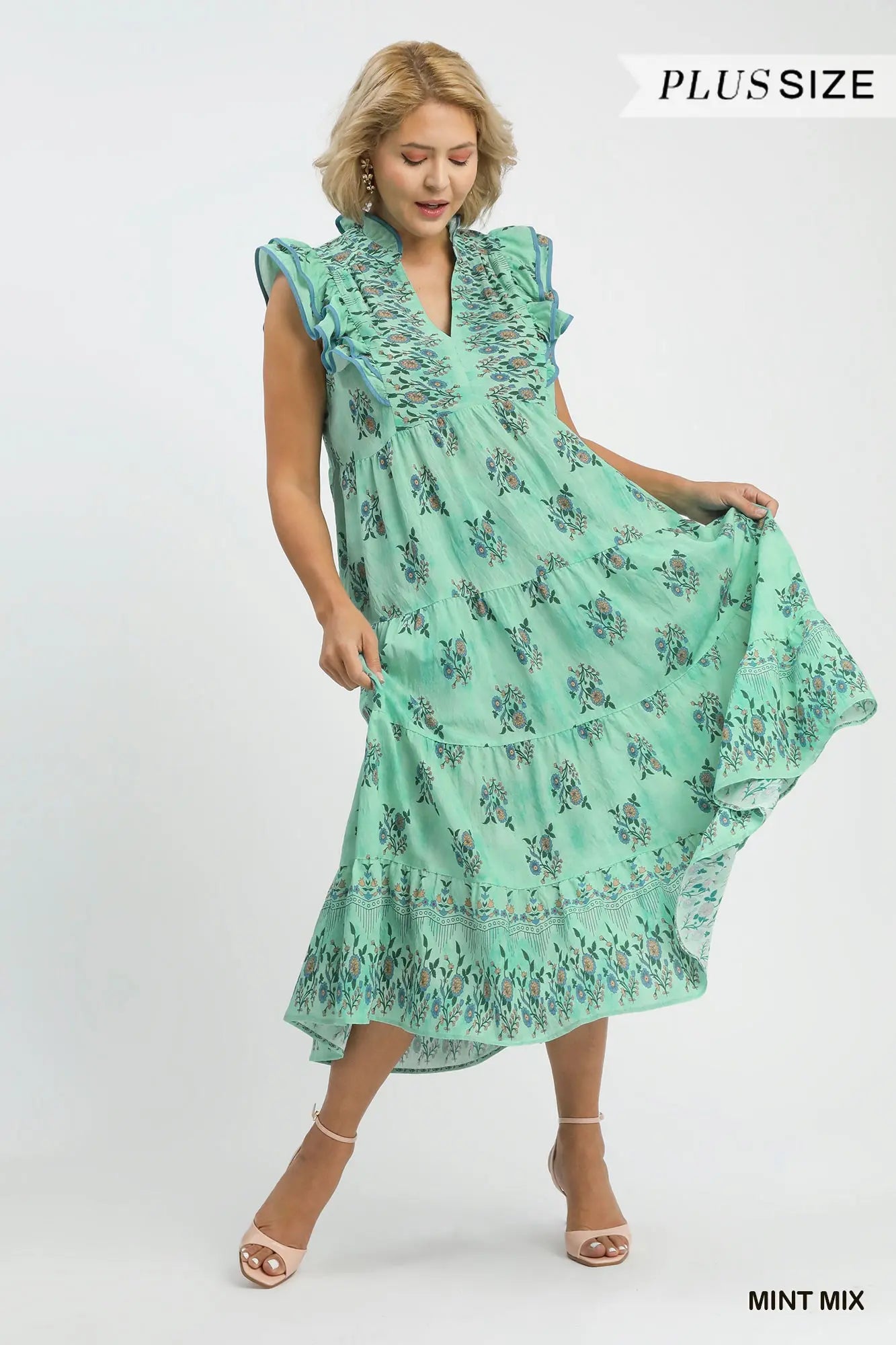 Floral Tiered Midi Dress with Ruffle Sleeves