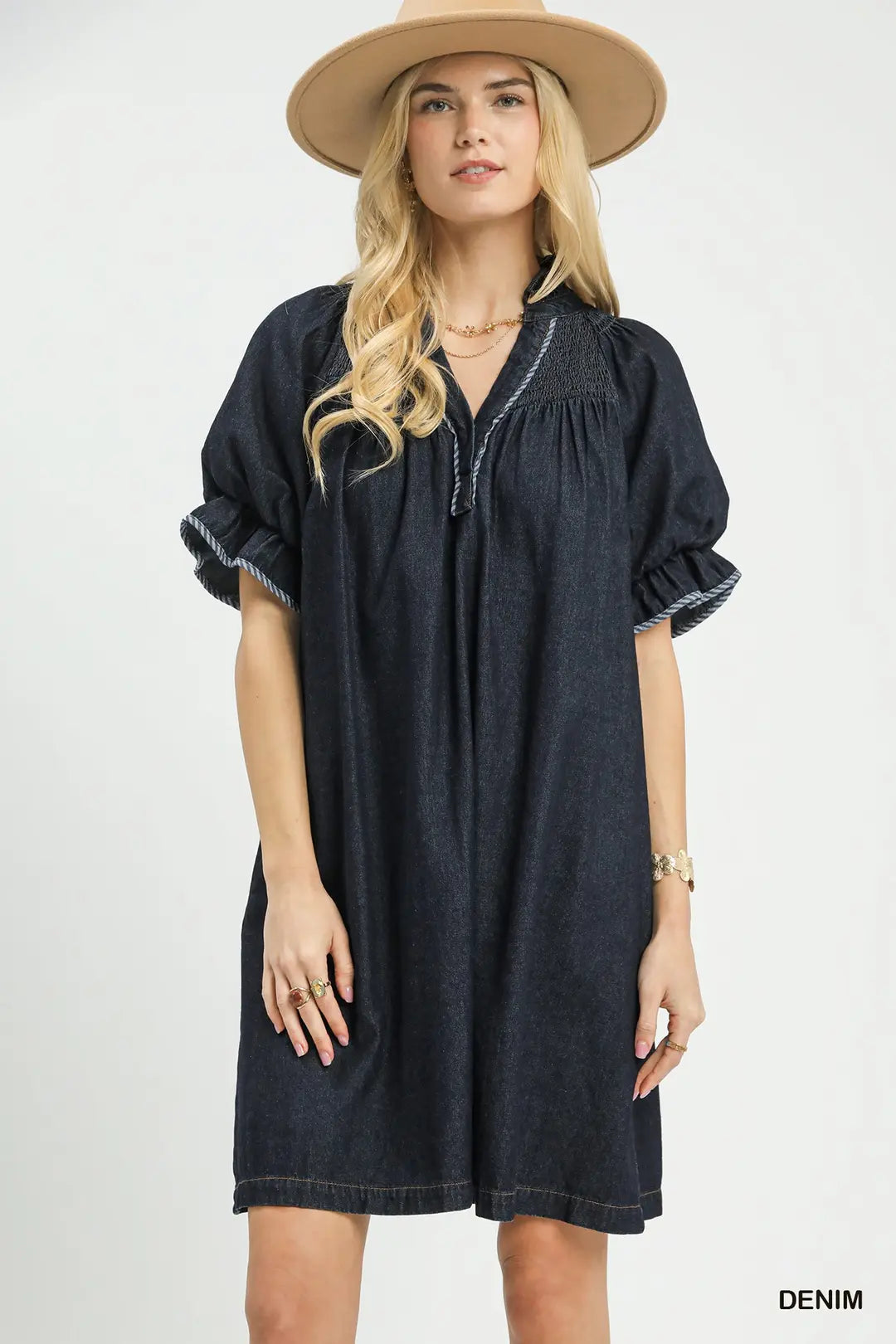 Smocked Denim Boho Puff Sleeve Dress