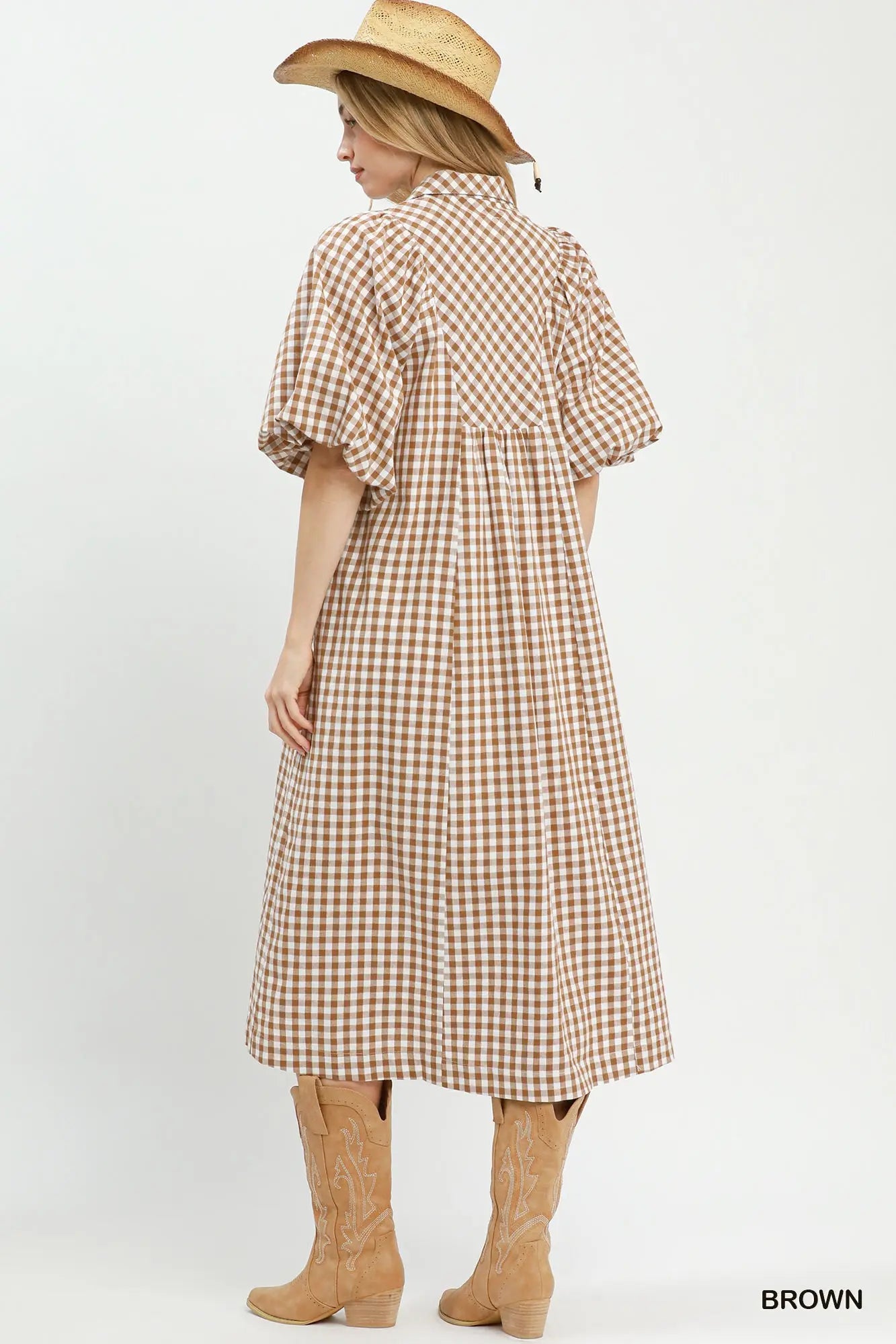 Brown Puff Sleeve Plaid Midi Dress