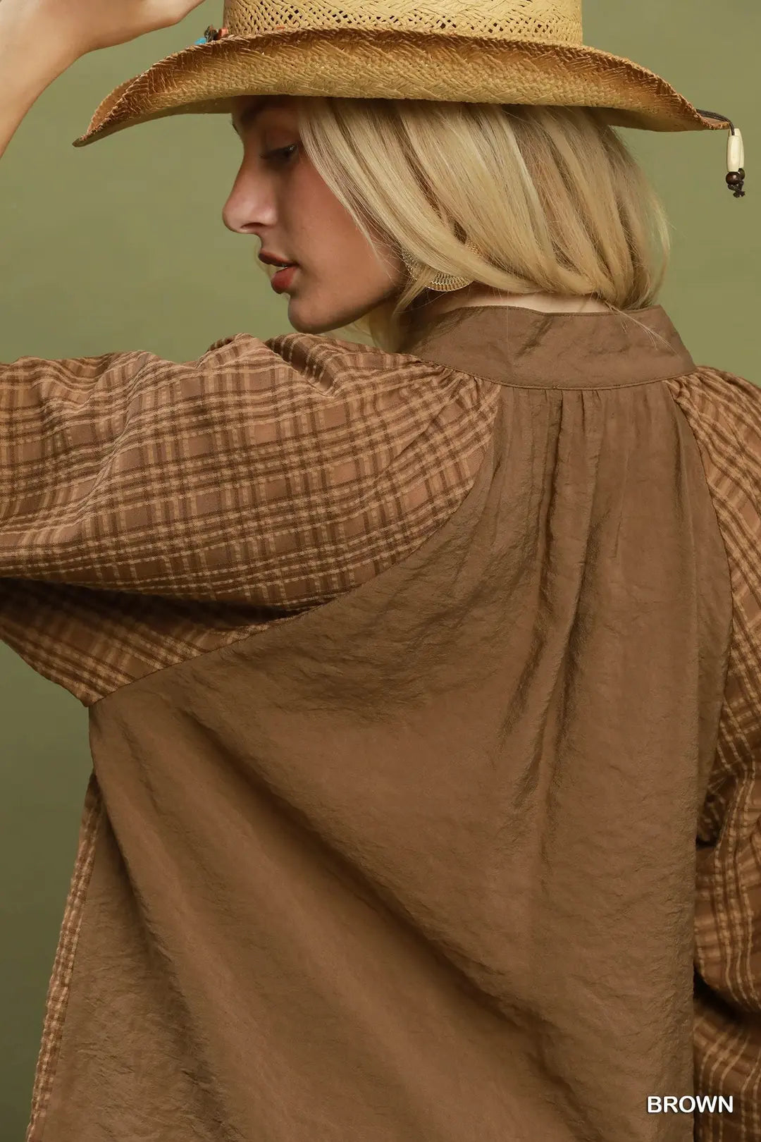 Textured Plaid Scallop Hem Detail Top