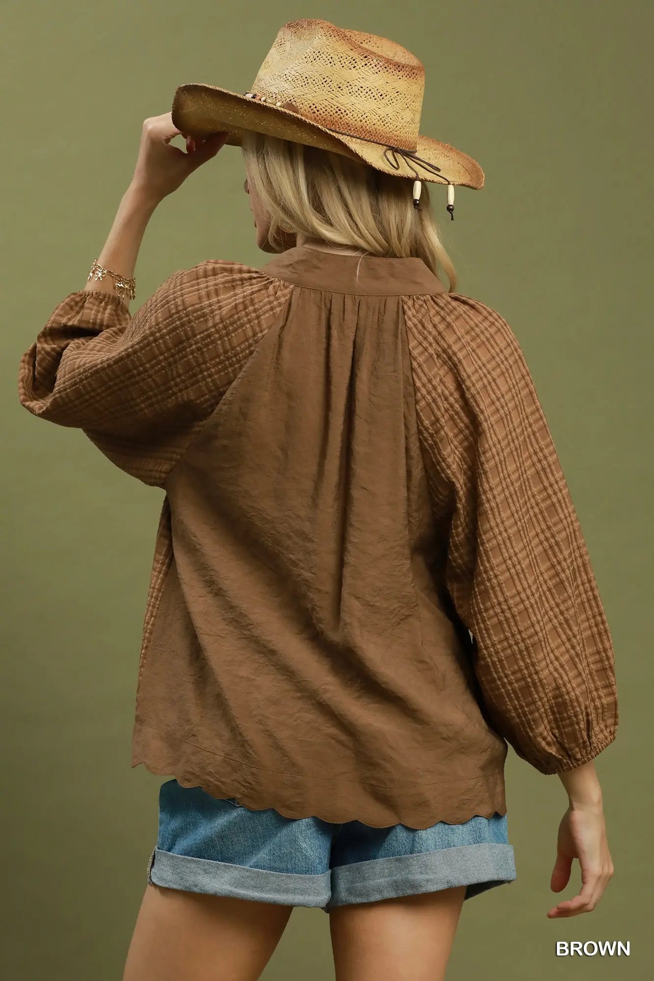 Brown Textured Plaid Scallop Hem Detail Top