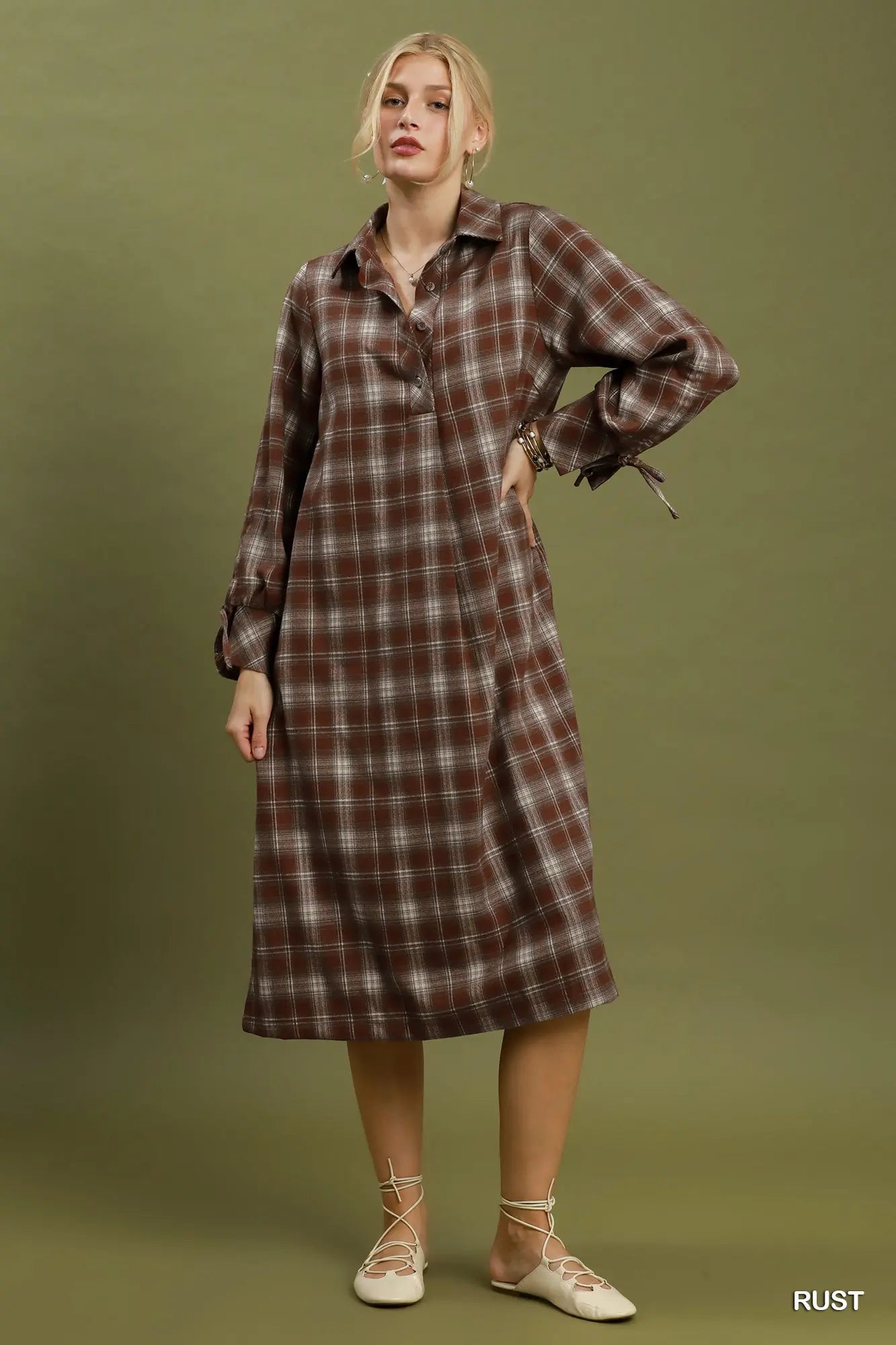 Rust Plain Henley Midi Dress