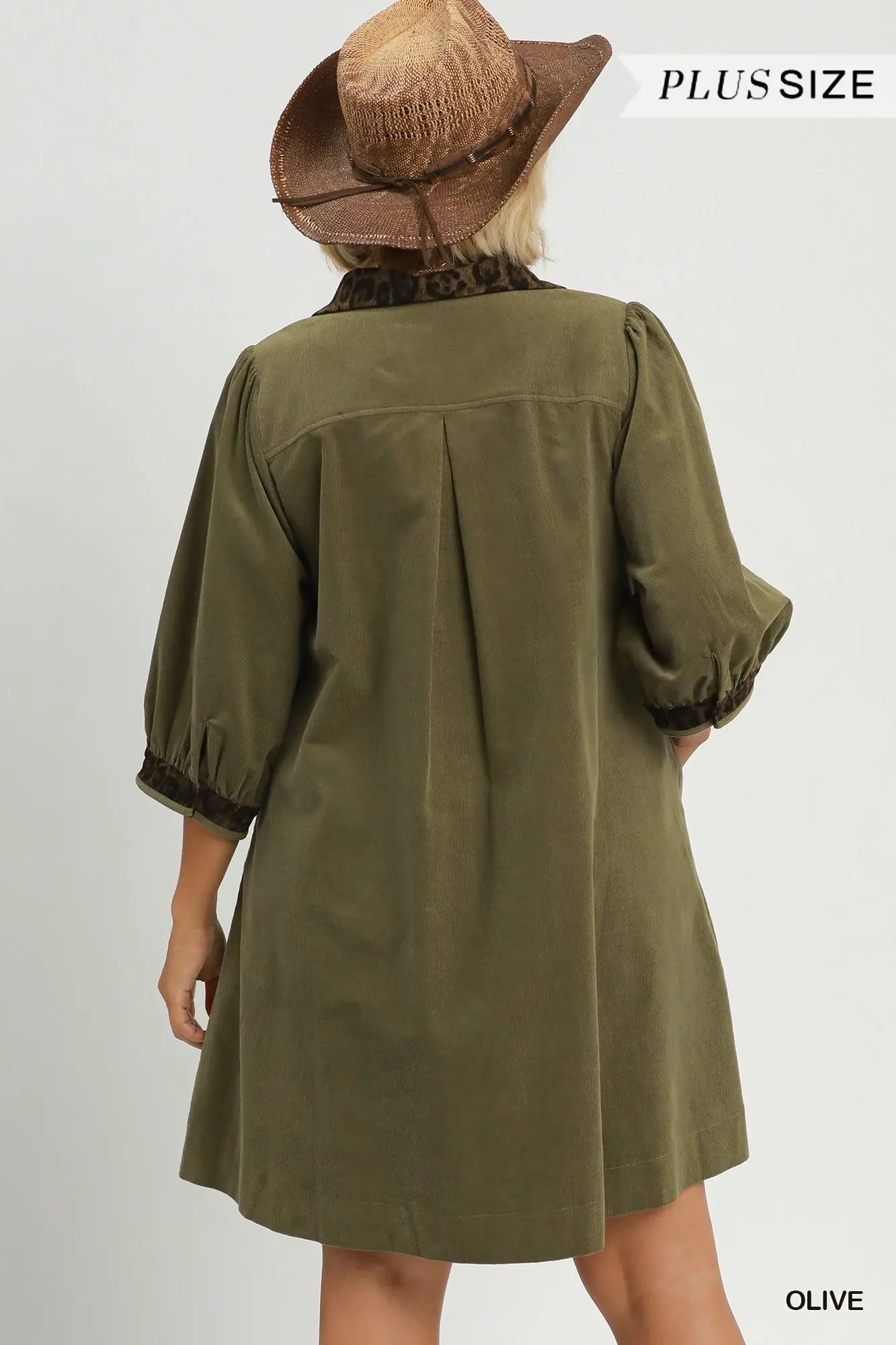 Olive V-Neck Shift Dress with Contrast Trim