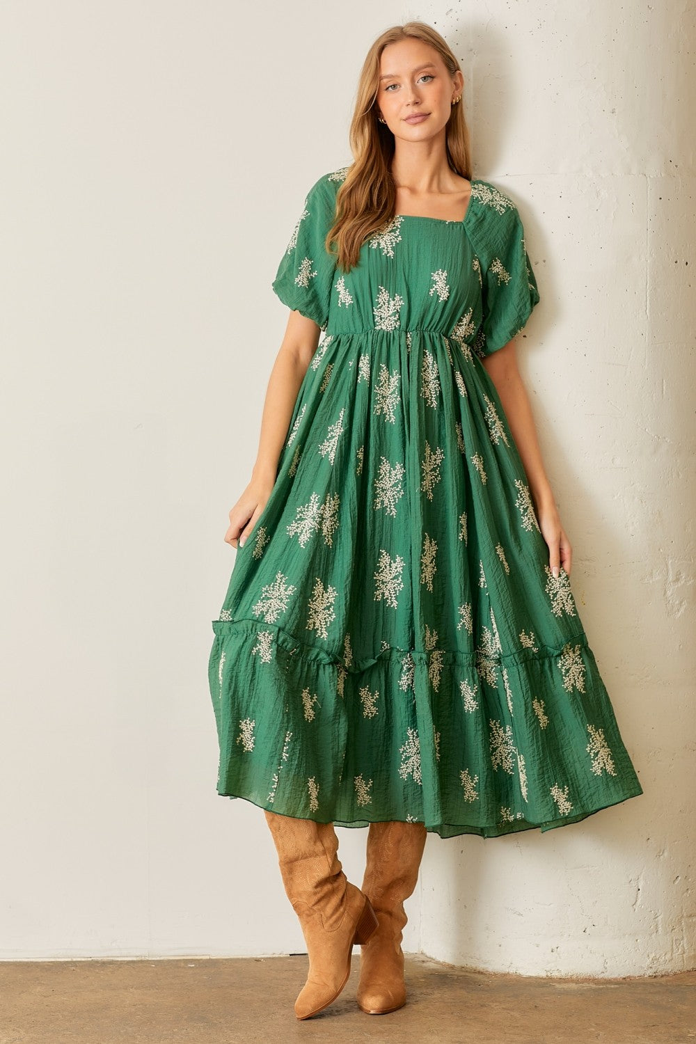 Green Embroidered Puff Sleeve Tiered Midi Dress