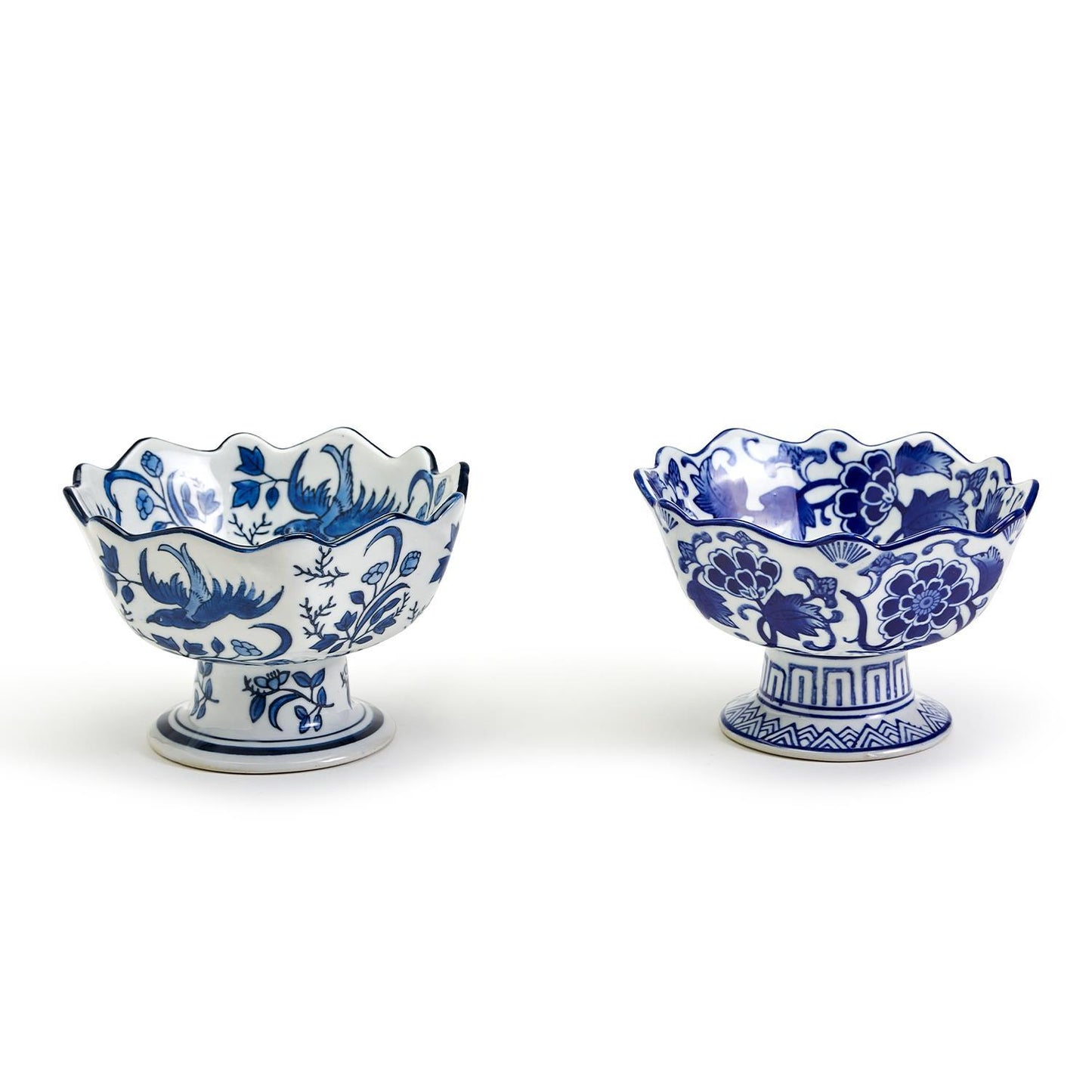 Blue and White Scalloped Edge Hand-Painted Footed Bowl