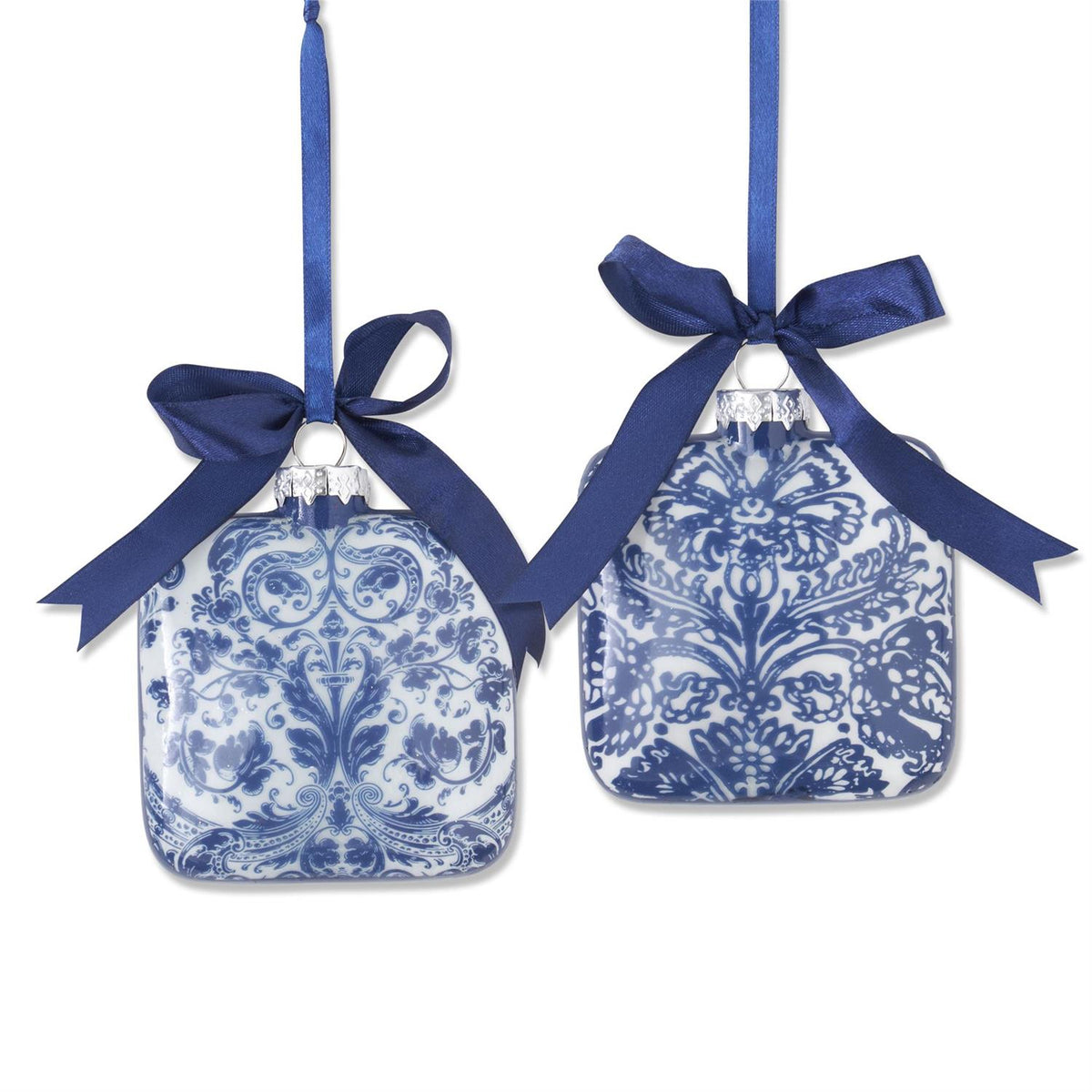 Blue & White Floral Square Glass Ornament