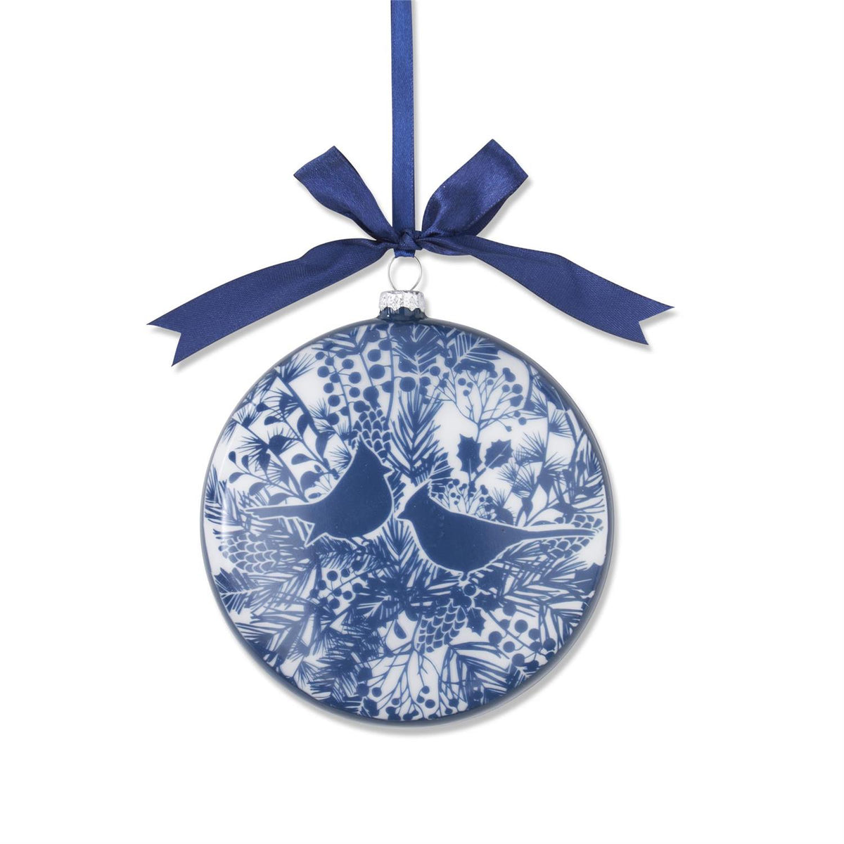 Blue & White Floral Round Glass Ornament With Bird