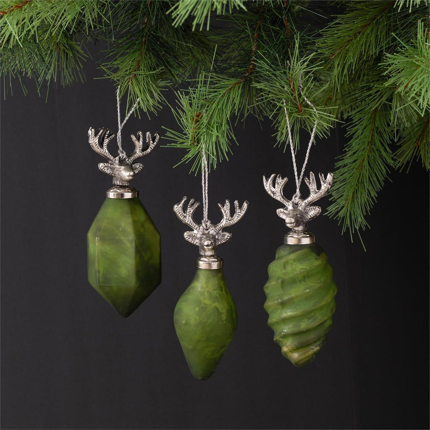 Deer Head Glass Ornaments Green & Silver