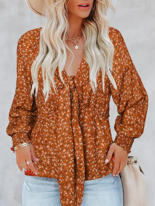 Boho Floral Print Front Tie Ruffled Top