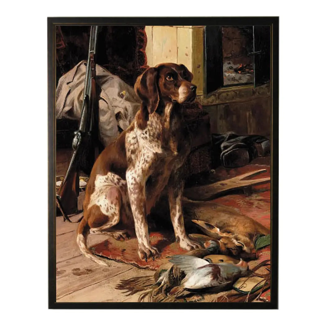 Vintage Hunting Dog and Bird Oil Painting