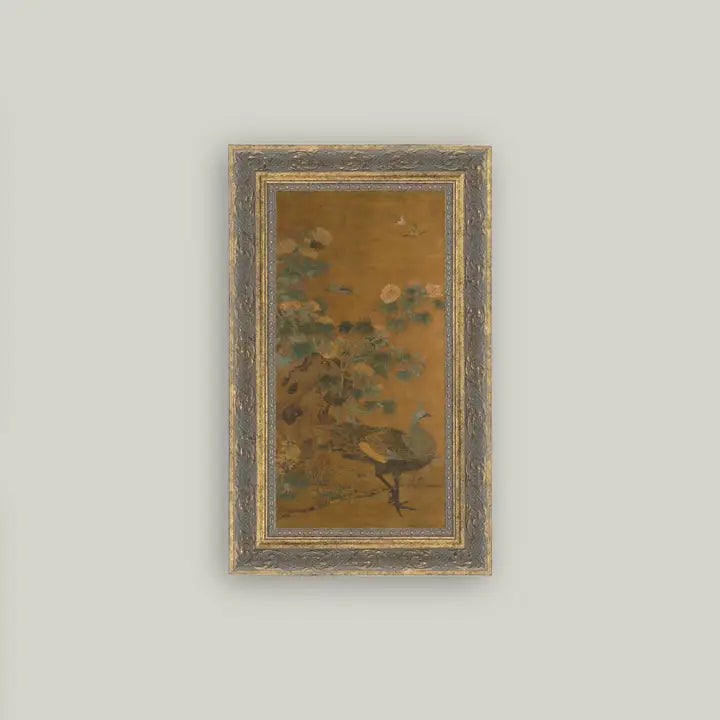 Peacock and Hollyhocks Framed Art