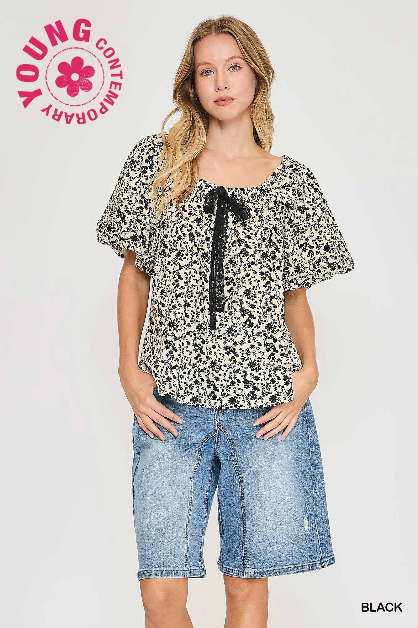 Floral Print Top with Lace Tape Drawstring
