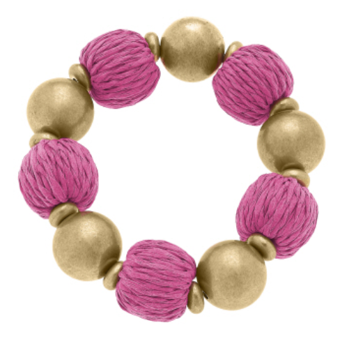 Barbados Raffia And Ball Bead Stretch Bracelet