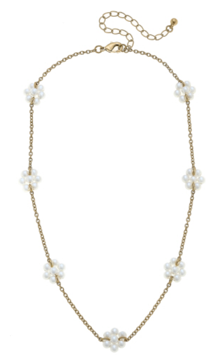 Lora Pearl Flower Station Necklace in Worn Gold