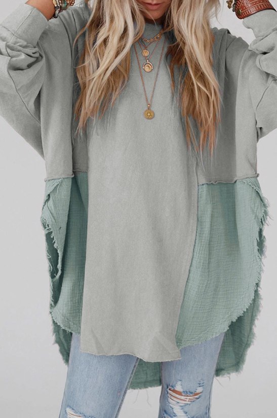Grey Crinkle Splicing Raw Hem High Low Oversized Blouse