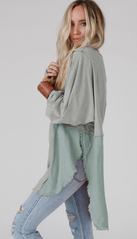 Grey Crinkle Splicing Raw Hem High Low Oversized Blouse