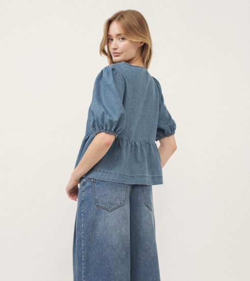 Denim Front Bow Tie Peplum Blouse