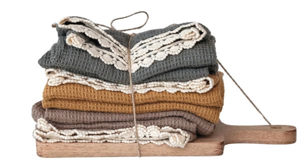 Cotton Waffle Weave Tea Towels w/Cheese/Cutting Board
