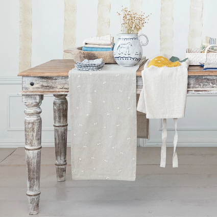 Cotton Table Runner w/ Embroidered Flowers