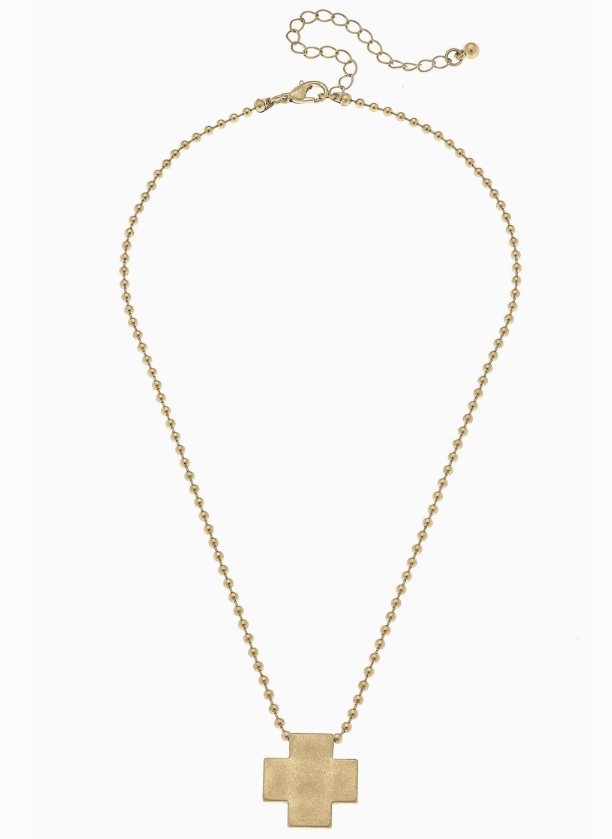 Edith Square Cross Ball Chain Necklace in Worn Gold