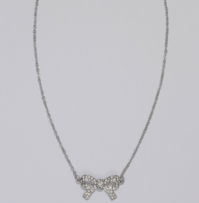 Silver Crystal Bow Necklace