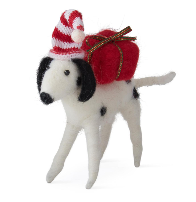 Wool Dalmatian w/Striped Hat Ornament
