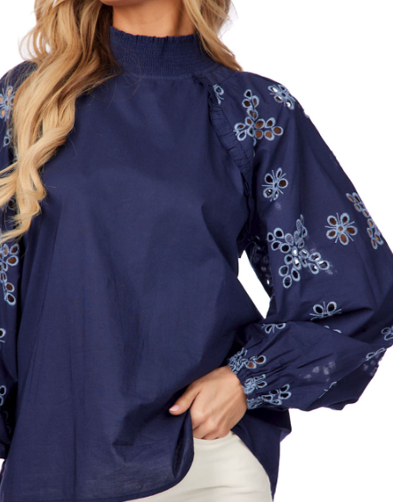 Emilia Eyelet Top Navy