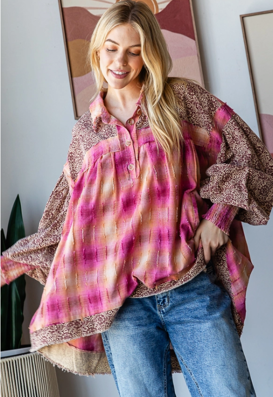 Collared Print Textured Plaid Mix Shirt