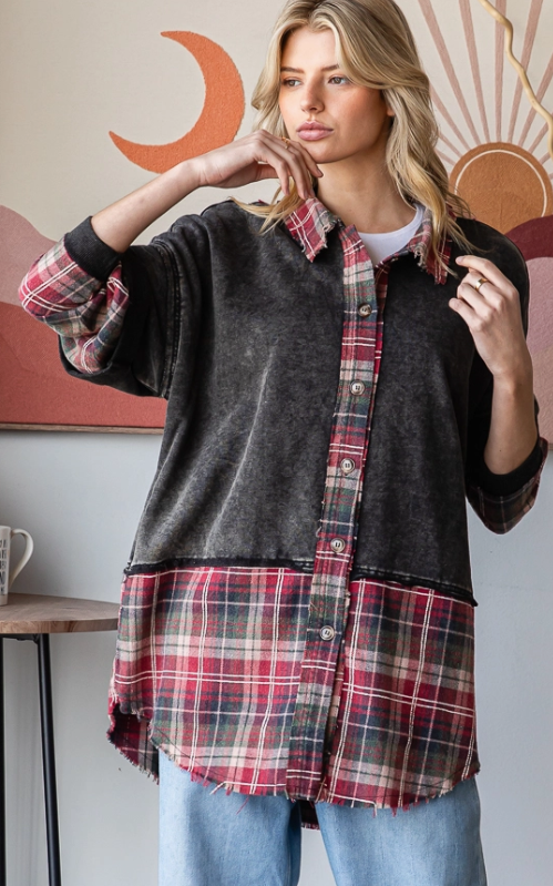Washed Plaid Detailed Top