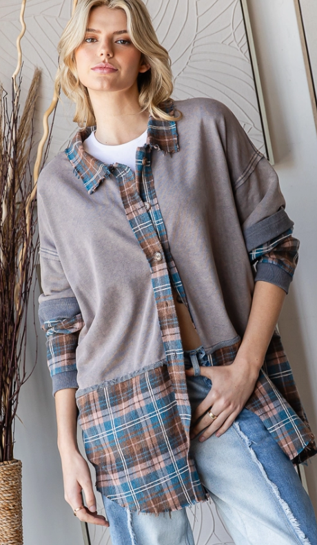 Washed Plaid Detailed Top