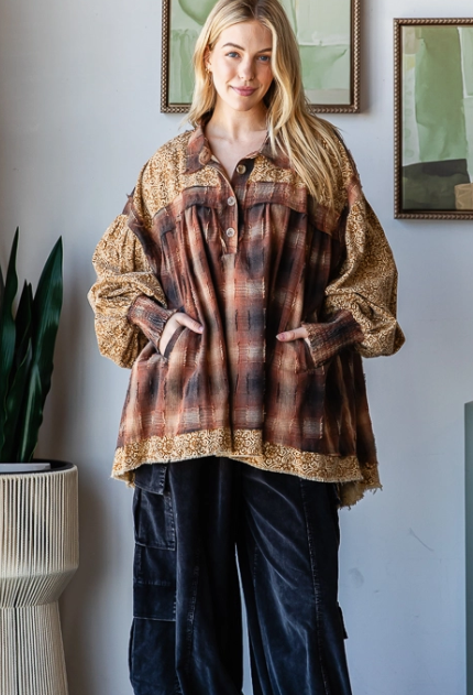 Collared Print Textured Plaid Mix Shirt