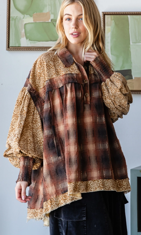 Collared Print Textured Plaid Mix Shirt