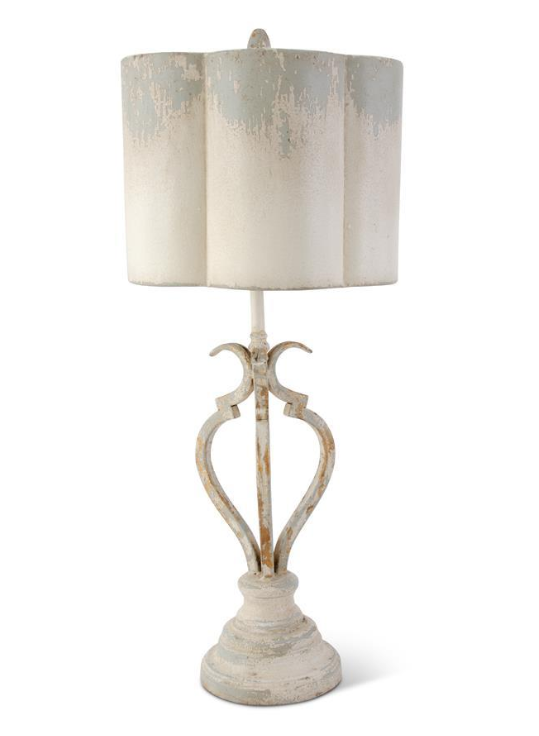 Cream & Gray Distressed Metal Lamp with Scalloped Shade