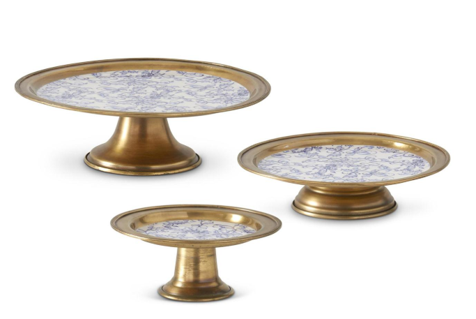 Brass Metal & Blue Floral Cake Stand/Riser