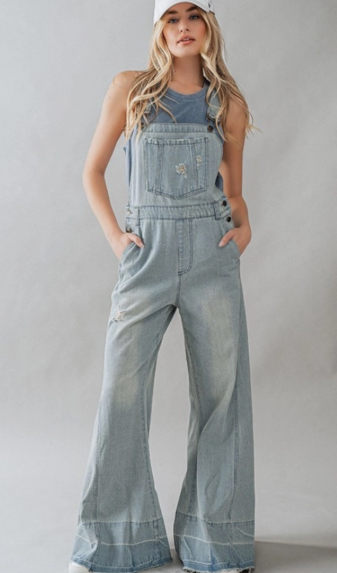Denim Distressed Wide Leg Overalls