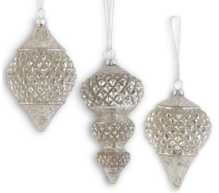 Glittered Silver Mercury Glass Finial Ornaments