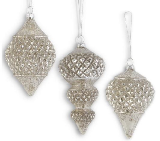 Glittered Silver Mercury Glass Finial Ornaments