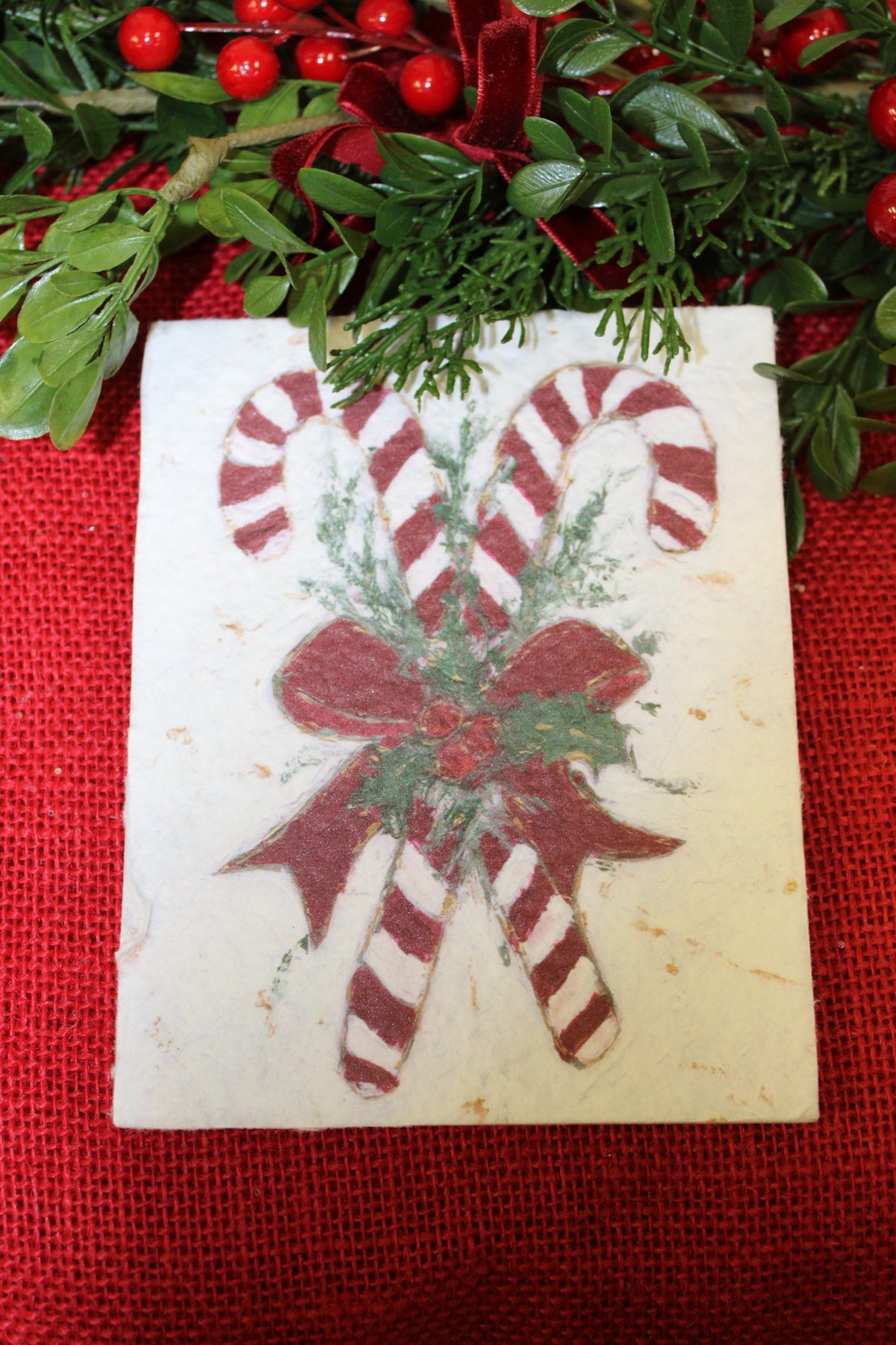 Textured Paper Candy Cane Ornament With Velvet Ribbon
