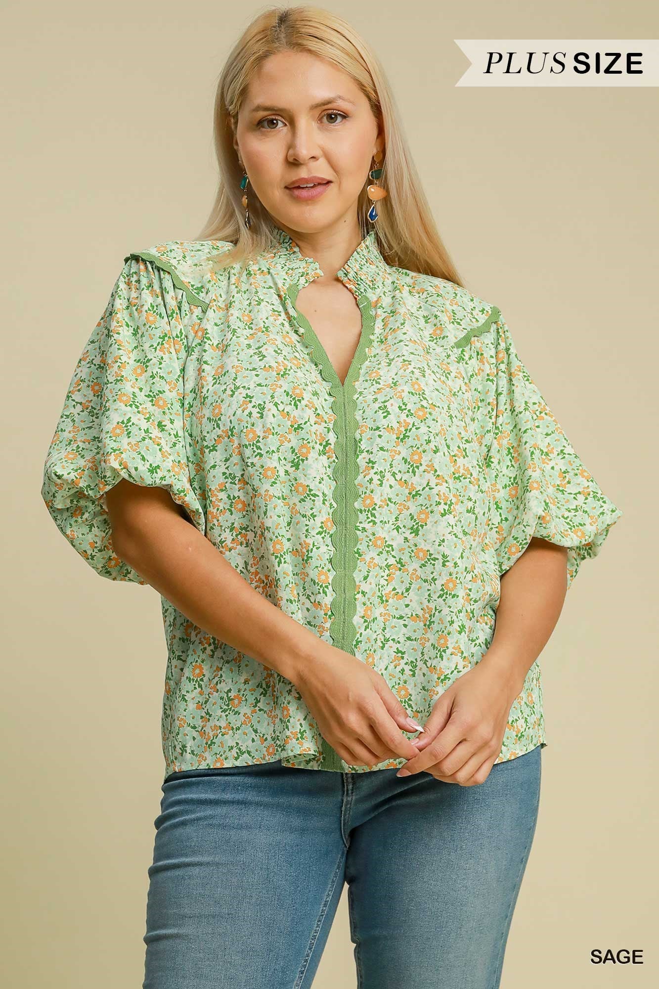 Sage Floral Print High Neck Top